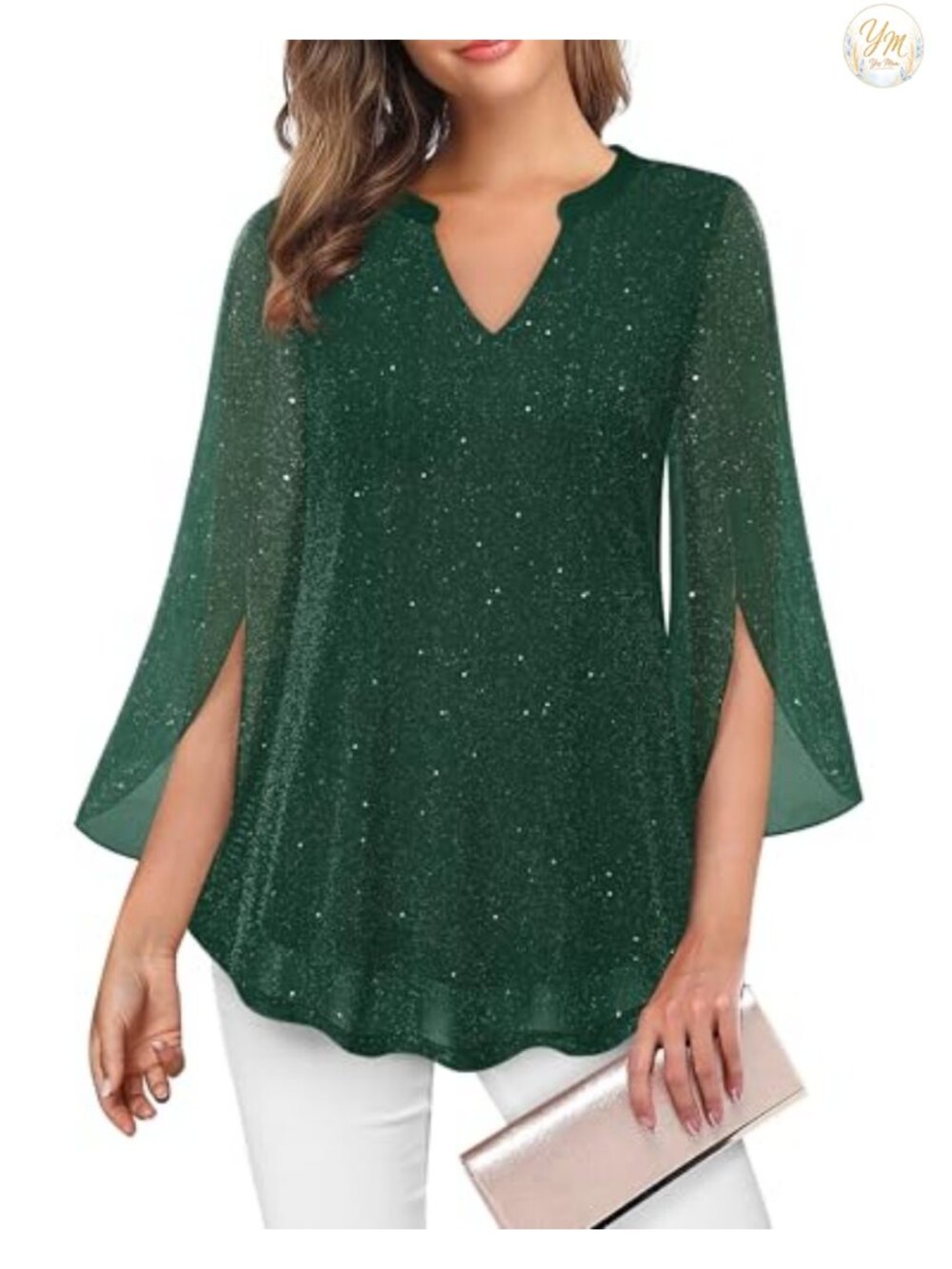 Womens 3/4 Sleeve Floral Tunic Blouse V Neck Double Layer Mesh Top